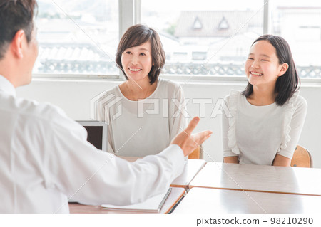 Parents and children (elementary school students, junior high school students, high school students, girls) who meet with a teacher in a school classroom 98210290