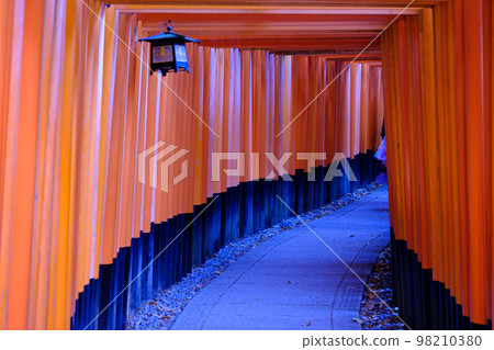 People visiting Fushimi Inari Shrine in Kyoto, Japan with many torii gates and approach 98210380