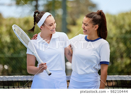 Tennis sports, women and teamwork collaboration for motivation, support and exercise at competition in tennis court. Young athlete girl friends, fitness workout and coach training for match success 98210444