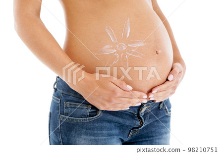 Pregnant woman, stomach and sunscreen cream on body, white background or beauty cosmetics. Skincare, pregnancy abdomen and lotion of sun protection, aesthetic wellness and healthy maternity in studio Pregnant woman, stomach and sunscreen cream on body, white background or beauty cosmetics. Skincare, pregnancy abdomen and lotion of sun protection, aesthetic wellness and healthy maternity in studio 98210751