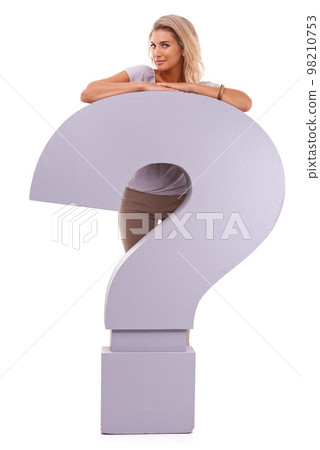 FAQ, portrait and woman with big question mark for business website or social media information on white background. Questions, answers and happy woman standing with question sign and info about us. FAQ, portrait and woman with big question mark for business website or social media information on white background. Questions, answers and happy woman standing with question sign and info about us. 98210753