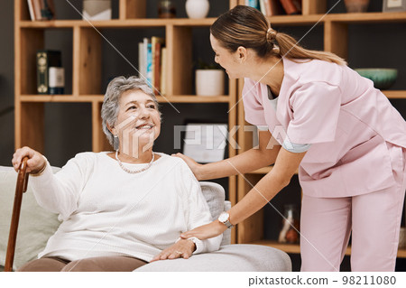 Nurse, woman and nursing home support, help and kindness for medical homecare service. Happy healthcare caregiver, trust and empathy for senior, elderly and retirement patient in rehabilitation house 98211080