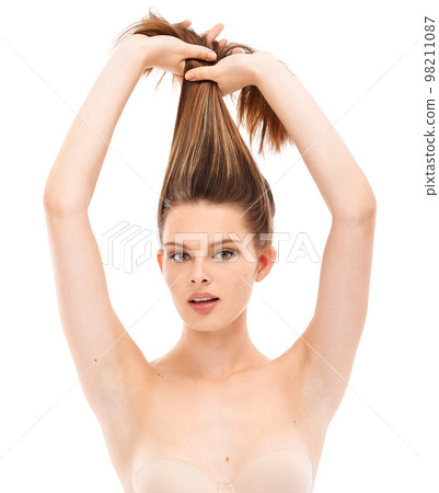 Health, hair care and portrait of woman in studio doing natural, long and straight hair style. Wellness, self care and female model with keratin, brazilian or botox hair treatment by white background Health, hair care and portrait of woman in studio doing natural, long and straight hair style. Wellness, self care and female model with keratin, brazilian or botox hair treatment by white background 98211087