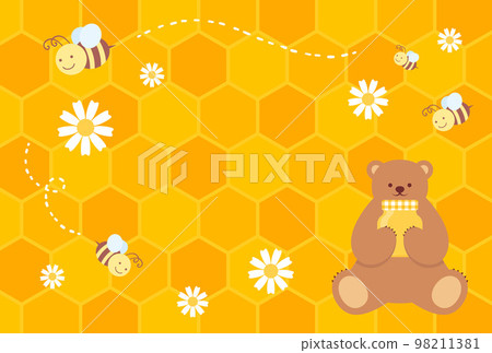 Background illustration of a bear holding honey, bees, flowers and a beehive 98211381