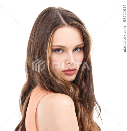 Hair, beauty and portrait of woman in studio for wellness, keratin treatment and hair products. Salon aesthetic and girl on white background for cosmetics, hairstyle and luxury hair care Hair, beauty and portrait of woman in studio for wellness, keratin treatment and hair products. Salon aesthetic and girl on white background for cosmetics, hairstyle and luxury hair care 98211655