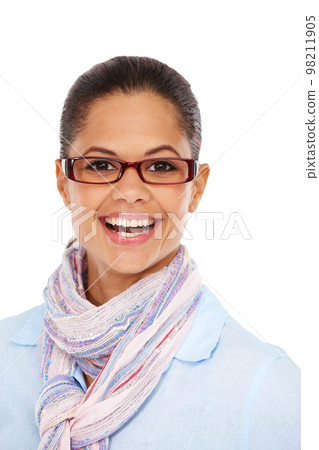 Vision, happy or portrait black woman with glasses for optometry eyesight support, ocular eye care or optical healthcare. Lens frame studio, beauty headshot or model girl isolated on white background 98211905