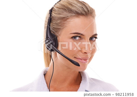 Customer support communication, face portrait and woman talk on contact us CRM, telemarketing or call center. Telecom microphone, customer service and consultant consulting on white background studio 98211958