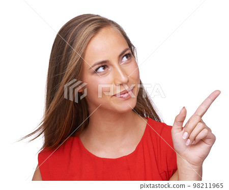 Hand point, woman and model in isolated, white background and studio with a smile. Happy, beautiful and calm person pointing finger and hands with mock up alone and long hair smiling with casual look 98211965