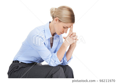 Thinking business woman, hands or stress on white background in mental health, anxiety or isolated burnout. Corporate worker, worry or employee praying in company investment or financial tax crisis Thinking business woman, hands or stress on white background in mental health, anxiety or isolated burnout. Corporate worker, worry or employee praying in company investment or financial tax crisis 98211970