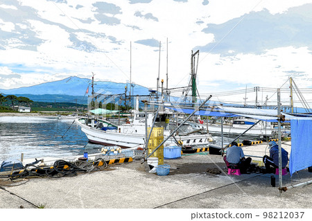 日本海山形縣漁港和鳥海山 日本海山形縣漁港和鳥海山 98212037