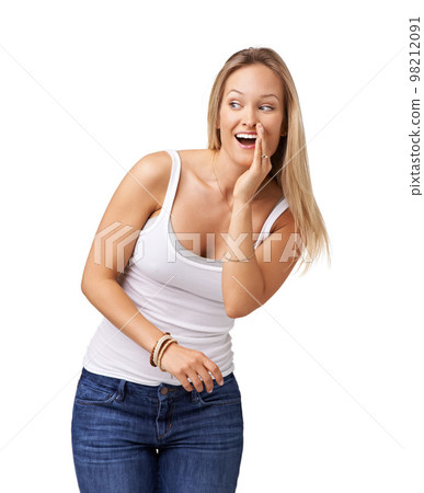 Secret, whisper and gossip with a woman in studio isolated on a white background talking to share news. Communication, announcement and social with an attractive young female on blank marketing space 98212091