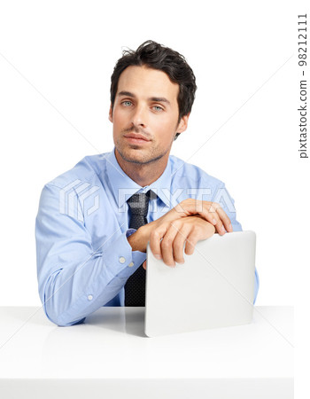Businessman, portrait or digital tablet on mock up desk in financial ideas, innovation tax planning or investment growth. Corporate worker, employee or technology on table by mockup studio background Businessman, portrait or digital tablet on mock up desk in financial ideas, innovation tax planning or investment growth. Corporate worker, employee or technology on table by mockup studio background 98212111
