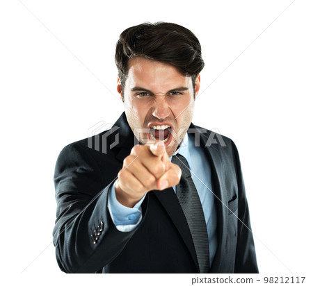 Shout, hand point and angry business man portrait of a employee screaming with white background. Frustrated, anger and shouting with hand gesture about work, stress and career mistake in studio Shout, hand point and angry business man portrait of a employee screaming with white background. Frustrated, anger and shouting with hand gesture about work, stress and career mistake in studio 98212117
