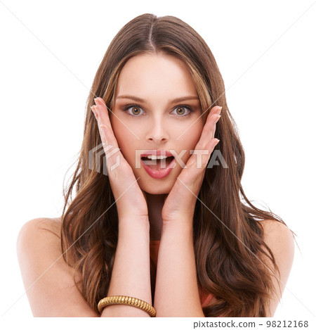 Surprise, wow and face portrait of woman shocked over winning discount makeup, skincare glow or cosmetics sales deal. Facial expression, winner and studio headshot of model girl on white background Surprise, wow and face portrait of woman shocked over winning discount makeup, skincare glow or cosmetics sales deal. Facial expression, winner and studio headshot of model girl on white background 98212168