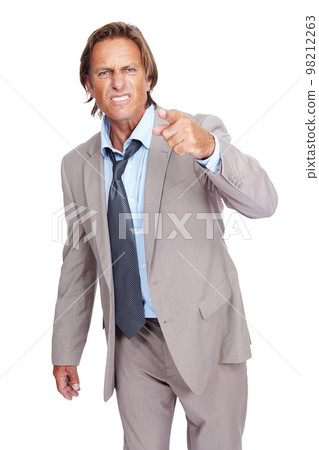 Point, angry and business man portrait of a professional manager feeling frustrated. Isolated, white background and anger of a upset person from work in a suit with job problems and conflict Point, angry and business man portrait of a professional manager feeling frustrated. Isolated, white background and anger of a upset person from work in a suit with job problems and conflict 98212263