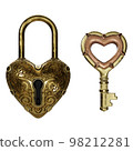 A 3D rendered representation of an antique key set in the form of a golden heart. 98212281