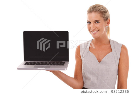 Portrait, businesswoman and laptop with mockup in studio, isolated or white background of advertising space. Happy worker, female model and computer technology, website and digital marketing platform 98212286