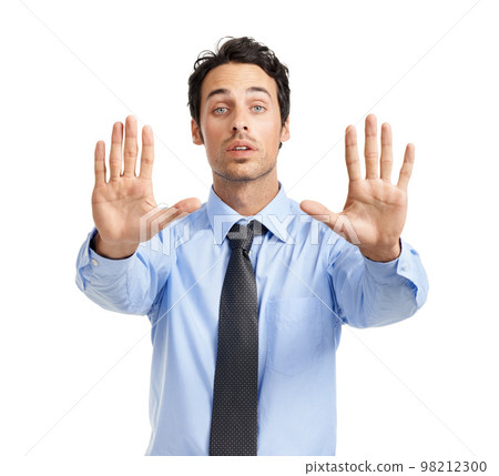 Stop, problem and portrait hands of a businessman with a sign, serious signal and command on a white background. Palm, opinion and executive man with a no hand gesture, negative and bad expression Stop, problem and portrait hands of a businessman with a sign, serious signal and command on a white background. Palm, opinion and executive man with a no hand gesture, negative and bad expression 98212300