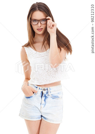 Model, fashion glasses and portrait on isolated white background for healthcare, trendy wellness and cool eyes care. Woman, vision and optician eyewear on marketing mock up for medical insurance help 98212310
