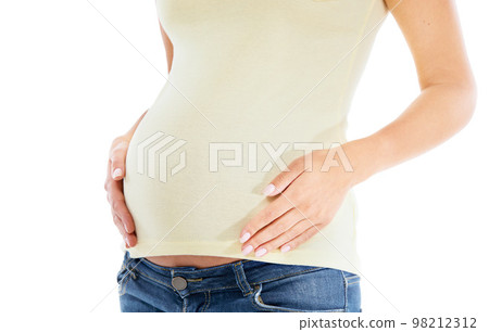 Woman, pregnant and hands frame stomach for maternity support, baby wellness and mother love or trust in white background studio. Pregnany, young girl and hand on belly for mom healthy lifestyle Woman, pregnant and hands frame stomach for maternity support, baby wellness and mother love or trust in white background studio. Pregnany, young girl and hand on belly for mom healthy lifestyle 98212312