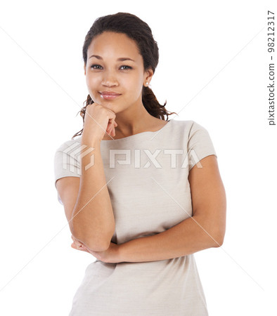 Business woman, portrait and white background of a black woman employee proud of work. Isolated, entrepreneur smile and professional worker ready for job, career and working with mock up space 98212317