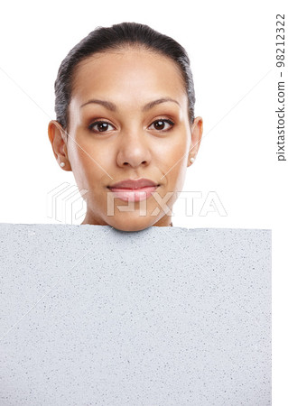 Face, portrait and woman with poster for mockup, marketing or advertising space in studio isolated on a white background. Product placement, branding and female with banner for mock up or promotion. 98212322