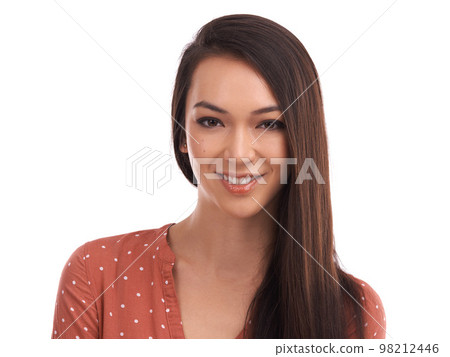 Beautiful woman, portrait smile and face in beauty for profile happiness against a white studio background. Happy isolated attractive casual female smiling in confidence with long hair on mockup Beautiful woman, portrait smile and face in beauty for profile happiness against a white studio background. Happy isolated attractive casual female smiling in confidence with long hair on mockup 98212446