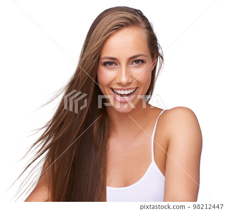 Woman, smile portrait and hair care wellness, skincare beauty or cosmetics spa dermatology in white background. Young model, happy face and luxury salon facial glow or isolated happiness in studio Woman, smile portrait and hair care wellness, skincare beauty or cosmetics spa dermatology in white background. Young model, happy face and luxury salon facial glow or isolated happiness in studio 98212447