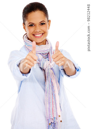 Woman, smile and thumbs up for winning, deal or discount against a white studio background. Portrait of isolated female smiling and showing thumbsup for good job, sale or finished on white background Woman, smile and thumbs up for winning, deal or discount against a white studio background. Portrait of isolated female smiling and showing thumbsup for good job, sale or finished on white background 98212448