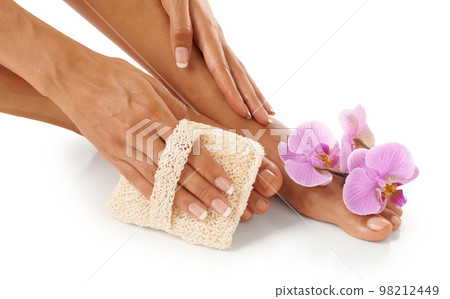 Spa, scrub and woman with cosmetics, feet and natural beauty for lady isolated on white studio background. Lady, flower and foot with skincare, cleaning and dermatology for luxury pedicure treatment Spa, scrub and woman with cosmetics, feet and natural beauty for lady isolated on white studio background. Lady, flower and foot with skincare, cleaning and dermatology for luxury pedicure treatment 98212449