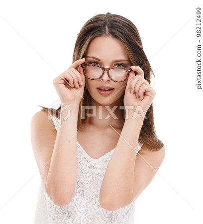 Young woman, glasses portrait and eyes care or wellness in white background studio for vision. Young model, hands on lens frame and face for optical eyeglasses, ophthalmology eyewear or eye care 98212499