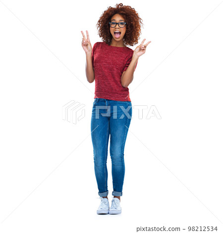 Portrait, peace and hand sign with a black woman in studio isolated on a white background for social media. Comic, emoji and gesture with a happy young female posing on blank advertising space Portrait, peace and hand sign with a black woman in studio isolated on a white background for social media. Comic, emoji and gesture with a happy young female posing on blank advertising space 98212534