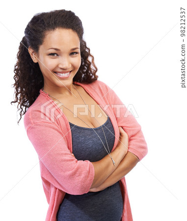 Beauty, fashion and smile with portrait of black woman with arms crossed for style and happiness. Natural, lifestyle and confident model for motivation, smile and happy face on white background Beauty, fashion and smile with portrait of black woman with arms crossed for style and happiness. Natural, lifestyle and confident model for motivation, smile and happy face on white background 98212537