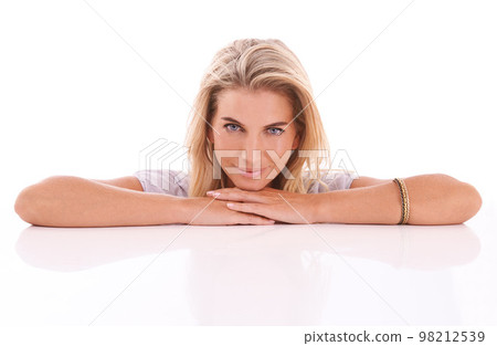 Smile, calm and portrait of a woman with confidence, happiness and relax on a white background. Happy, pride and happy model resting, zen body language and confident isolated on a studio background Smile, calm and portrait of a woman with confidence, happiness and relax on a white background. Happy, pride and happy model resting, zen body language and confident isolated on a studio background 98212539