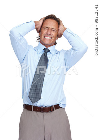 Stress, burnout and anxiety headache of businessman overwhelmed with career problem or fail. Mental breakdown of depressed, frustrated and tired corporate man at isolated white background. Stress, burnout and anxiety headache of businessman overwhelmed with career problem or fail. Mental breakdown of depressed, frustrated and tired corporate man at isolated white background. 98212541