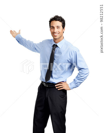 Portrait, business and man with presentation, corporate and speaker isolated on white studio background. Male employee, presenter and entrepreneur with feedback, smile and communication on backdrop 98212551