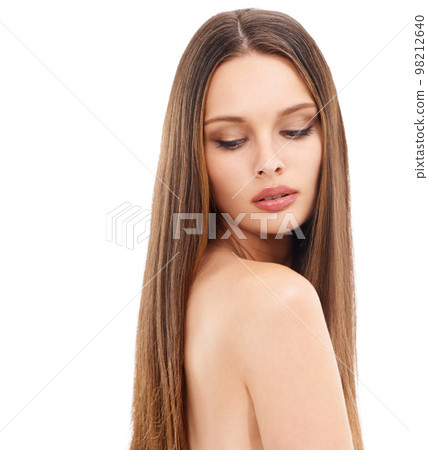 Beauty, skincare and hair, portrait of brunette woman with long hair and elegant make up on white background. Health, wellness and luxury cosmetics, care and beautiful studio model with eyes closed. Beauty, skincare and hair, portrait of brunette woman with long hair and elegant make up on white background. Health, wellness and luxury cosmetics, care and beautiful studio model with eyes closed. 98212640