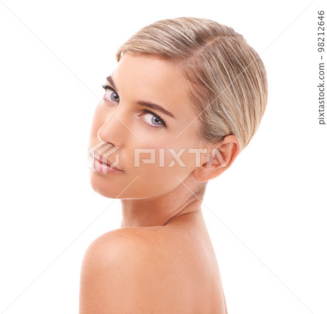 Cosmetic, face care and portrait of a woman with beauty dermatology and natural skincare glow. White background, cosmetics and wellness of a model with facial and face skin care in studio isolated 98212646