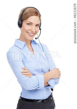 Call center, portrait and woman in studio for telemarketing, contact us marketing or telecom. Proud woman consultant, customer support worker or callcenter employee smile on face on white background 98212679