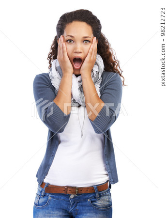 Woman shock with hands on face on a white background for news, announcement or broadcast of sale in studio. Omg, wow and surprise black woman with fashion discount, promotion or gossip in a portrait 98212723