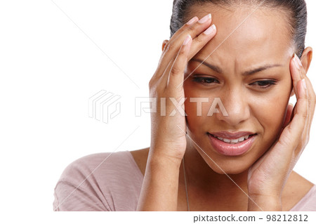 Headache, woman and face with pain, mental health with stress and crisis with anxiety isolated on white background. Frustrated, depression and psychology, brain with fatigue and brain fog mockup 98212812