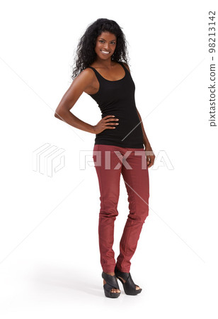 Fashion, clothes and portrait of happy woman from India on a white background with a smile. Happy indian model with curly hair and full body in studio for style, happiness and positive mindset Fashion, clothes and portrait of happy woman from India on a white background with a smile. Happy indian model with curly hair and full body in studio for style, happiness and positive mindset 98213142