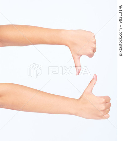 Hands, thumbs up and thumbs down in yes or no gesture for vote, poll or social media likes on white background. Sign language, finger or hand sign in agreement or disagreement for ASL website review. Hands, thumbs up and thumbs down in yes or no gesture for vote, poll or social media likes on white background. Sign language, finger or hand sign in agreement or disagreement for ASL website review. 98213146
