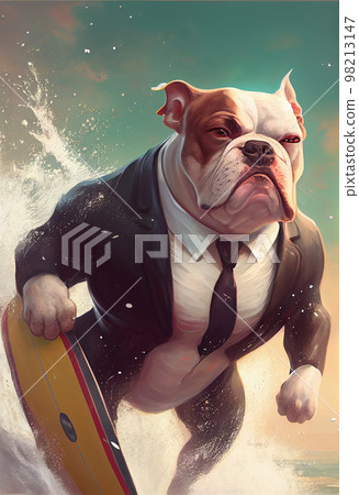 A cool French bulldog, with a strong, inflated torso, in a business suit, on a yellow surfboard A cool French bulldog, with a strong, inflated torso, in a business suit, on a yellow surfboard 98213147