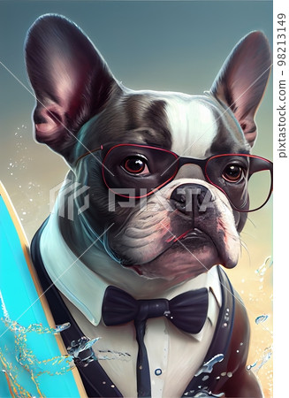 Portrait of French bulldog, in a dinner suit, swims through the waves on a surfboard. 98213149
