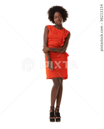 Fashion, beauty and portrait of a black woman in a studio with a fancy, luxury and stylish dress. Style, trendy and African female model in cool, red and beautiful outfit isolated by white background Fashion, beauty and portrait of a black woman in a studio with a fancy, luxury and stylish dress. Style, trendy and African female model in cool, red and beautiful outfit isolated by white background 98213154