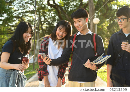 Diverse young college friends talking to etch other while walking after classes in university campus outdoors 98213299