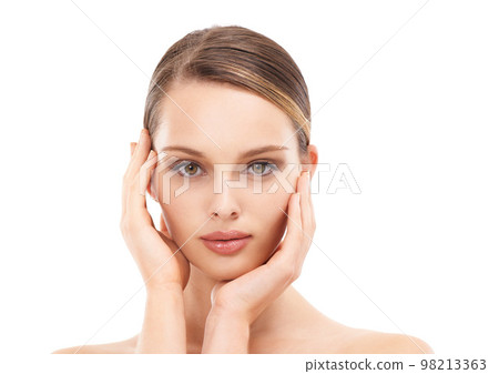 Skincare, facial and portrait of woman in studio on white background for wellness, dermatology and healthy skin. Spa, aesthetic and girl with hands on face with cosmetics, makeup and beauty products Skincare, facial and portrait of woman in studio on white background for wellness, dermatology and healthy skin. Spa, aesthetic and girl with hands on face with cosmetics, makeup and beauty products 98213363