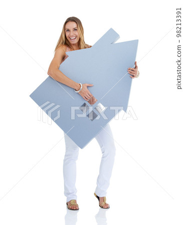 Woman, happy portrait and house cutout for real estate, property investment and house vision in studio. Realtor winner, home loan approval and and property management agreement in white background 98213391