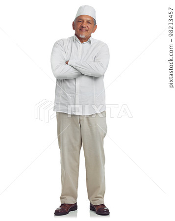 Muslim senior man, happy portrait and standing in white background for Islamic fashion, religious culture and empowerment. Arab, elderly person and smile for religion lifestyle isolated in studio Muslim senior man, happy portrait and standing in white background for Islamic fashion, religious culture and empowerment. Arab, elderly person and smile for religion lifestyle isolated in studio 98213457